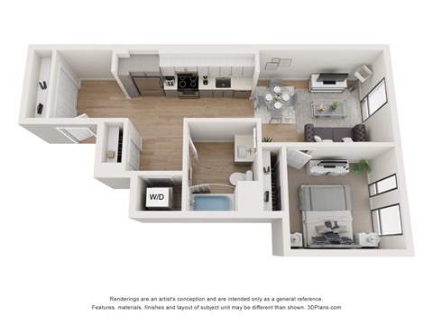 Floor plan for 1 bed, 1 bath, 728 sqft
